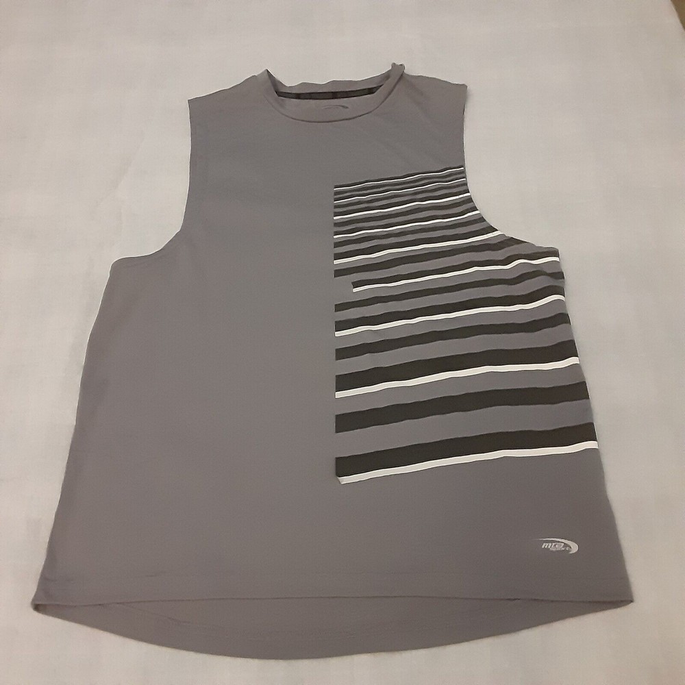 MTA Sports Mens Medium Sleeveless Athletic Striped Sleeveless Tee Gray Polyester